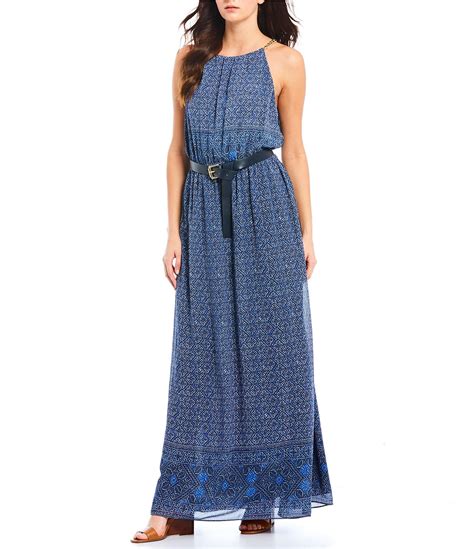 michael kors half sleeve tile blue dress|Michael Kors maxi dress.